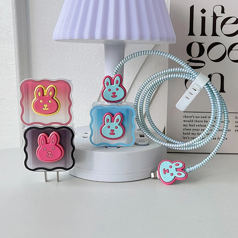 5in1 Cute Rabbit Charger Cable Protector Case For iPhone 15 14 11 12 18w 20w Charging Head Protective Cover Winder Accessories