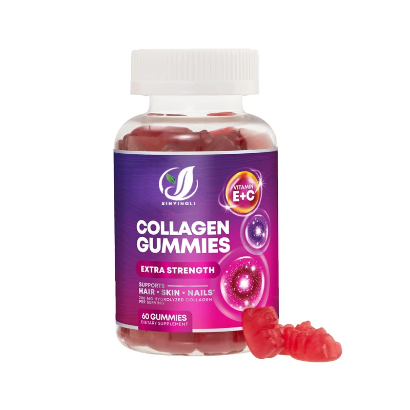 Collagen peptide gummies contain hydrolyzed protein type I and type III collagen supplements, as well as vitamin C and zinc
