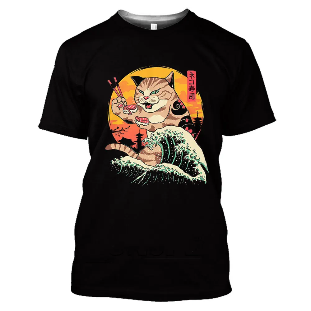 Summer new 3D Men Japanese Samurai Cat graphic t shirts Fashion Casual Personality Cool Street Style Print Short Sleeve Tees Top