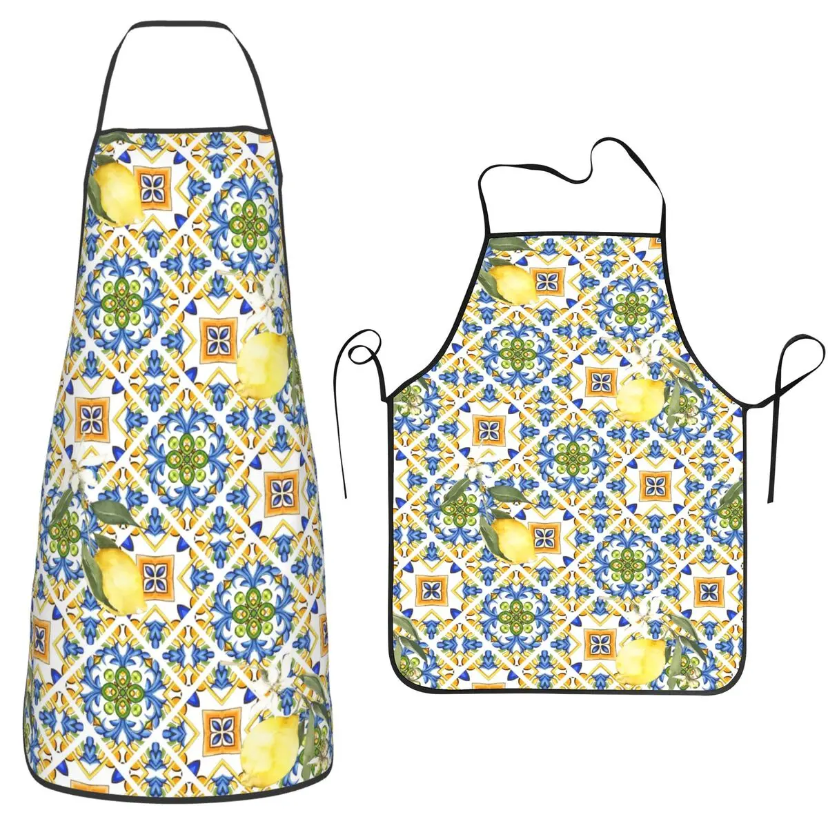 Sicilian Inspired Blue Tile Yellow Lemons Aprons Chef Cooking Tablier Bib Kitchen Cleaning Pinafore for Women Men Painting