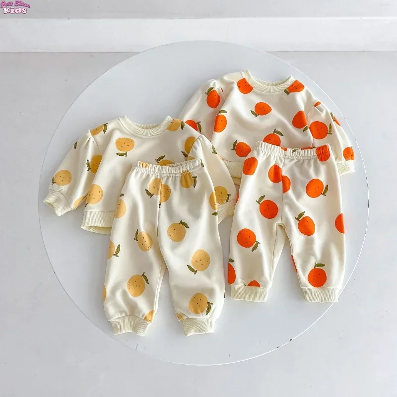 

Toddler Baby Boys 0-2Y Cotton Fruit Print Outfit Set Cute Orange Pattern Top and Pants Breathable Daily Wear for Infant Girls
