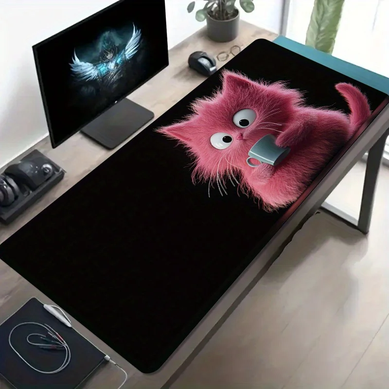 

Pink Cat Holding A Cup Cute Mouse Pad Large Rubber Non-slip PC Desk Accessories Mousepad for Office and Gamer Keyboard Decor Mat