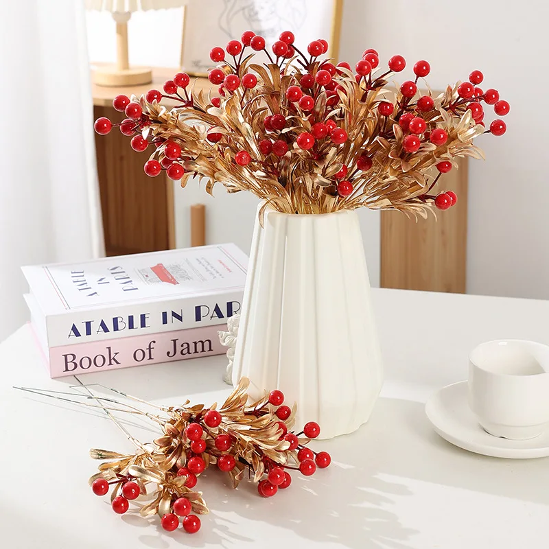 Happy New Year Decorative Red Fruit Berry Gold Leaf Artificial Flower Ornament For Wedding Events Ceremony Decor