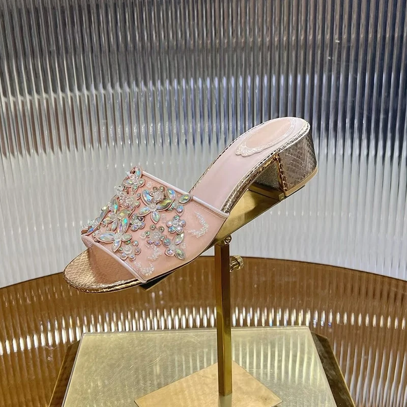 

New 2025 Slippers Women One Strap Fashion Square Heels Dress Shoes Open Toe Flower String Bead Decor Sandals Summer Pumps