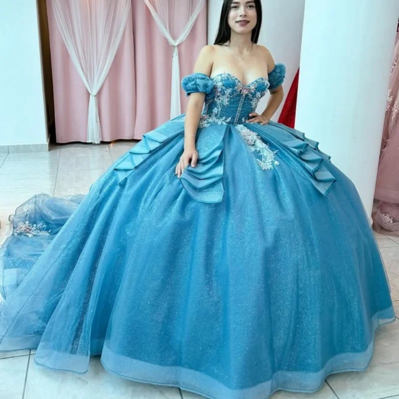 

Shiny blue Quinceanera Dress off-shoulder crystal Lace layering 3D flower decal Bow vestidos de 15 Quinceanera ﻿Customized
