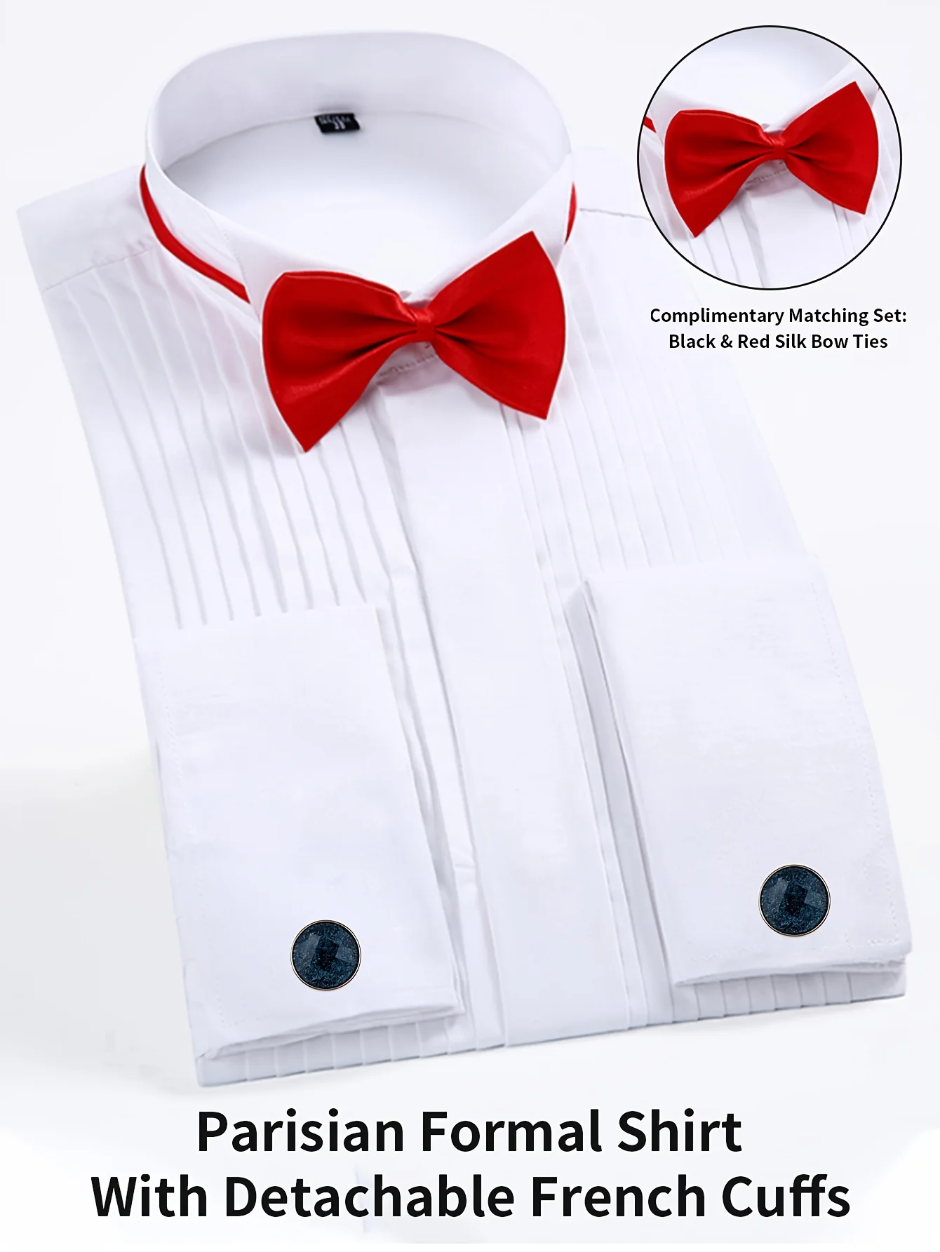 

with Pleated Design | Includes FREE Cufflinks & Bow Tie Set (Black/Red), Luxury Wedding Formal Wear, Mature Style, All-Season