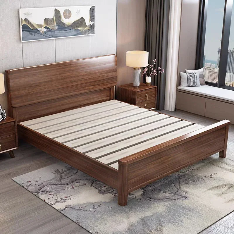 

-Scandinavian Walnut Solid Wood Bed 1.5 Meters Simple Double 1.2 Small Household Children's Bed Simple Household Wooden Beds