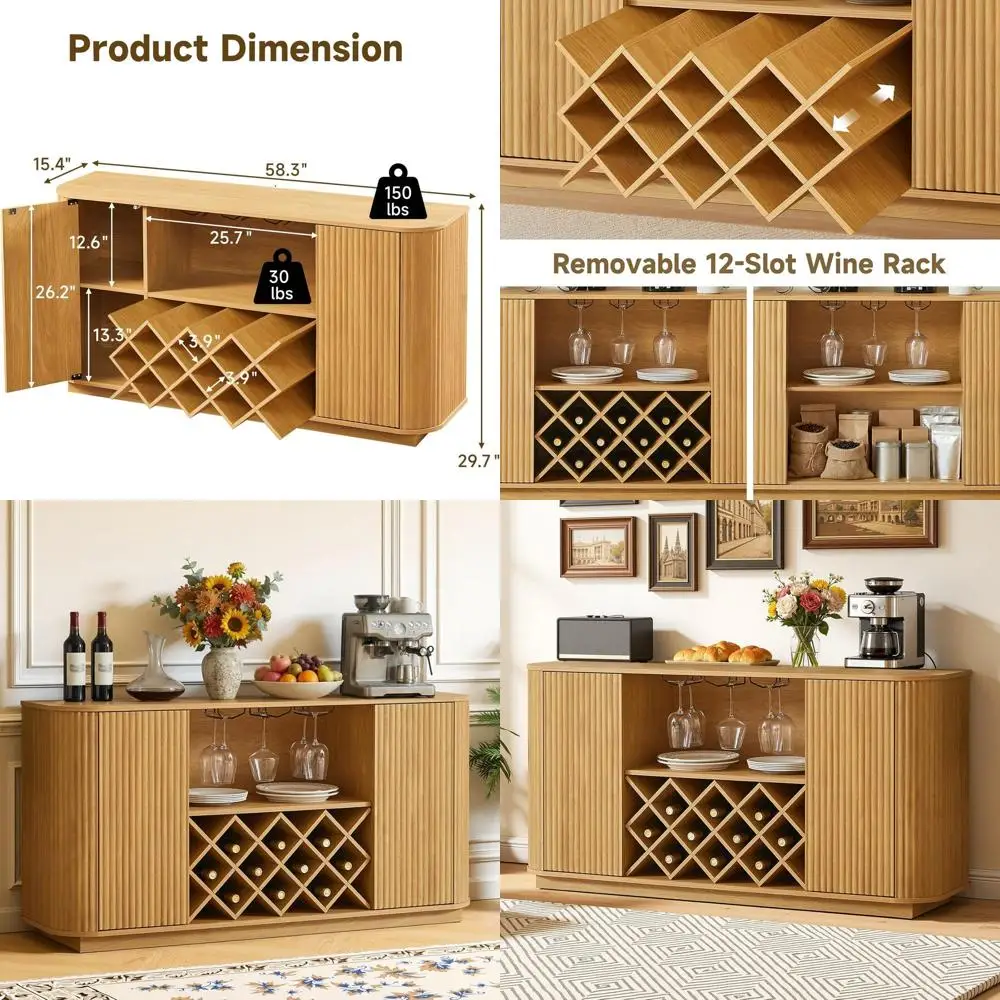 

Винный шкаф-бар 58 дюймов с отделениями для хранения, буфет-сервант с винной полкой и держателем для бокалов, сервант-буфет в стиле амбар с отделениями для хранения