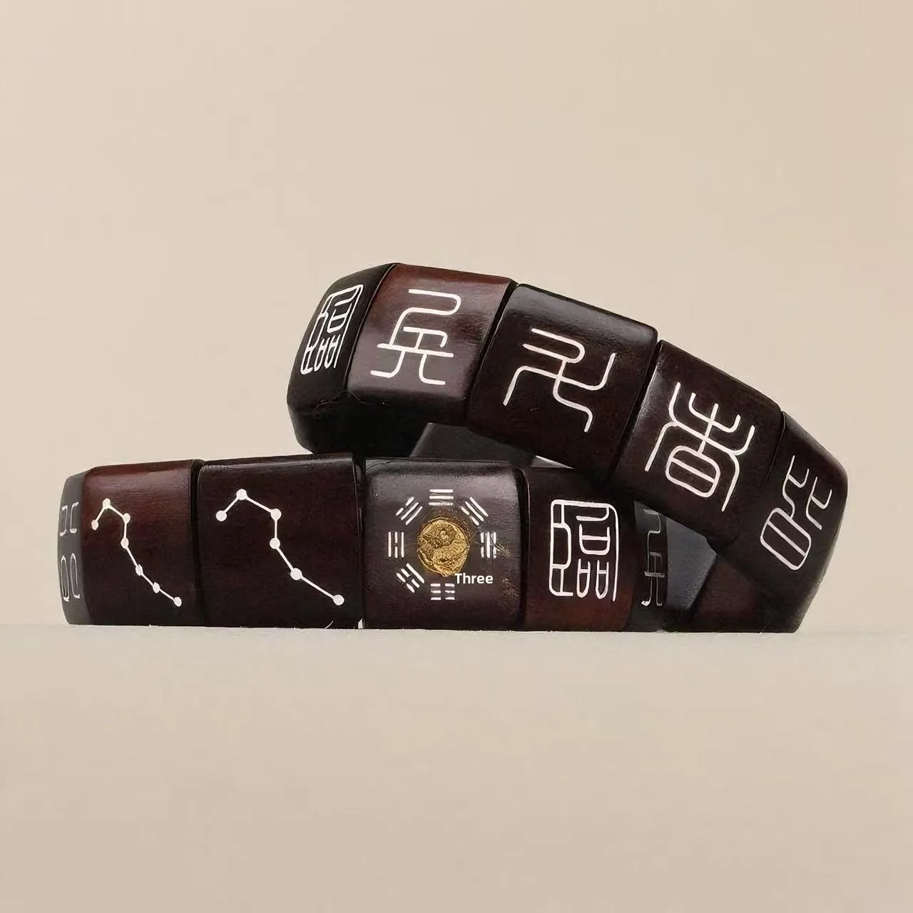 Chinese Traditional Taoist Thunder Struck Jujube Wood Inlaid Silver Nine Word Mantra Square Bead Bracelet Lucky Blessing Wealth