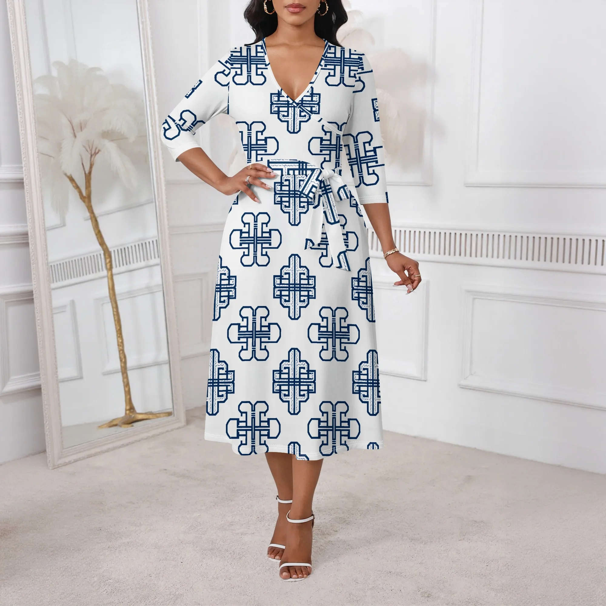 

Blue Symbolic Tile Print Wrap Dress XS-3XL V-Neck 3/4 Sleeve Style for Cultural Ceremony, Spring Event or Elegant Daytime Look