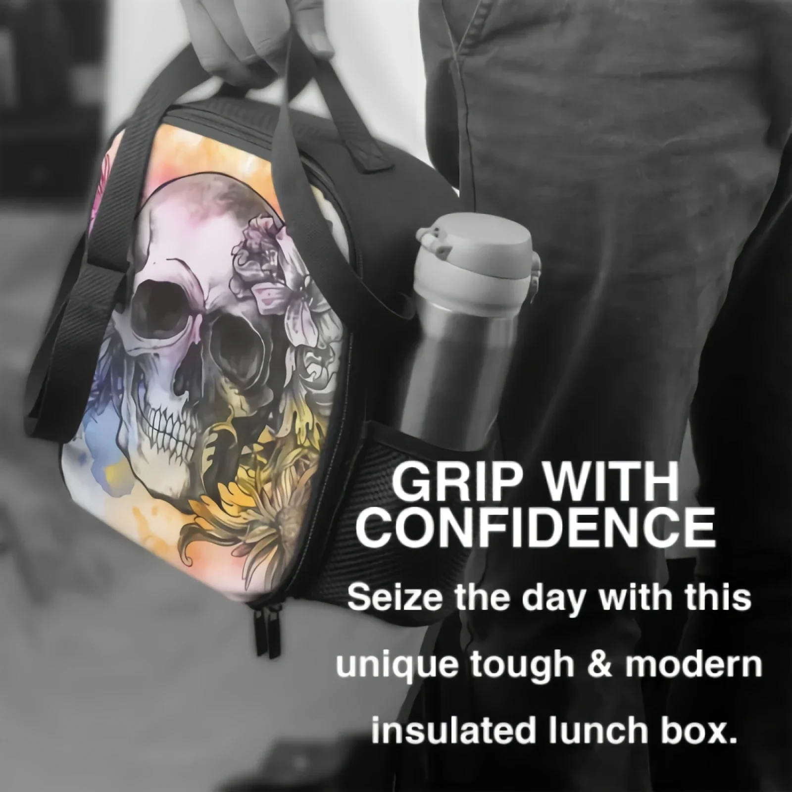 Watercolor Human Skull Head Insulated Lunch Box Skull With Flower Portable Cooler Bag Reusable Food Container for Travel Picnic