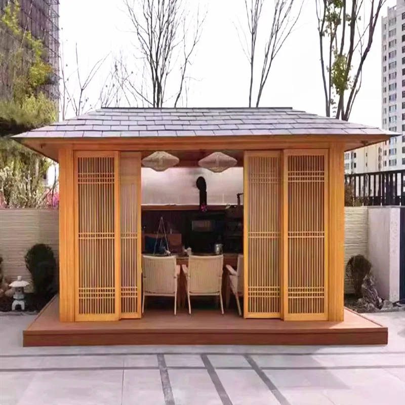 Outdoor solid wood homestay preservative wood Chinese tea room assembly Japanese wooden house villa garden photography landscapi