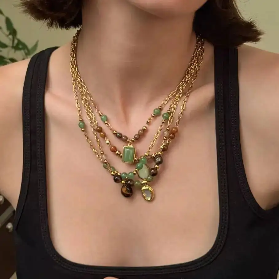 

Lacteo 2026 Stainless Steel PVD18K Gold Plated Chain Necklace Women Vintage Charm Natural Stone Pendant Clavicle Chain Jewelry