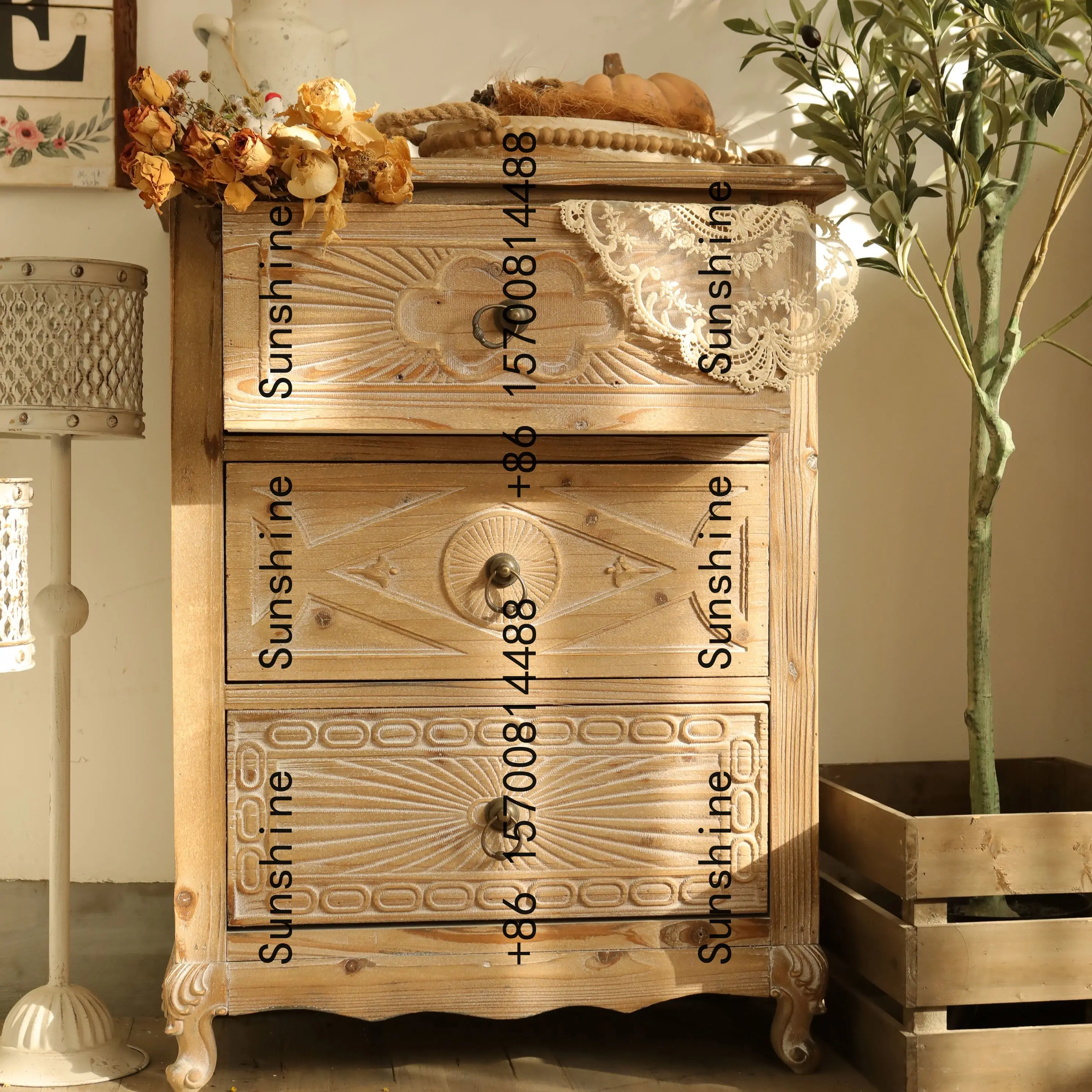 Fir low side cabinet carved log color three-drawer cabinet 61*35*82cm