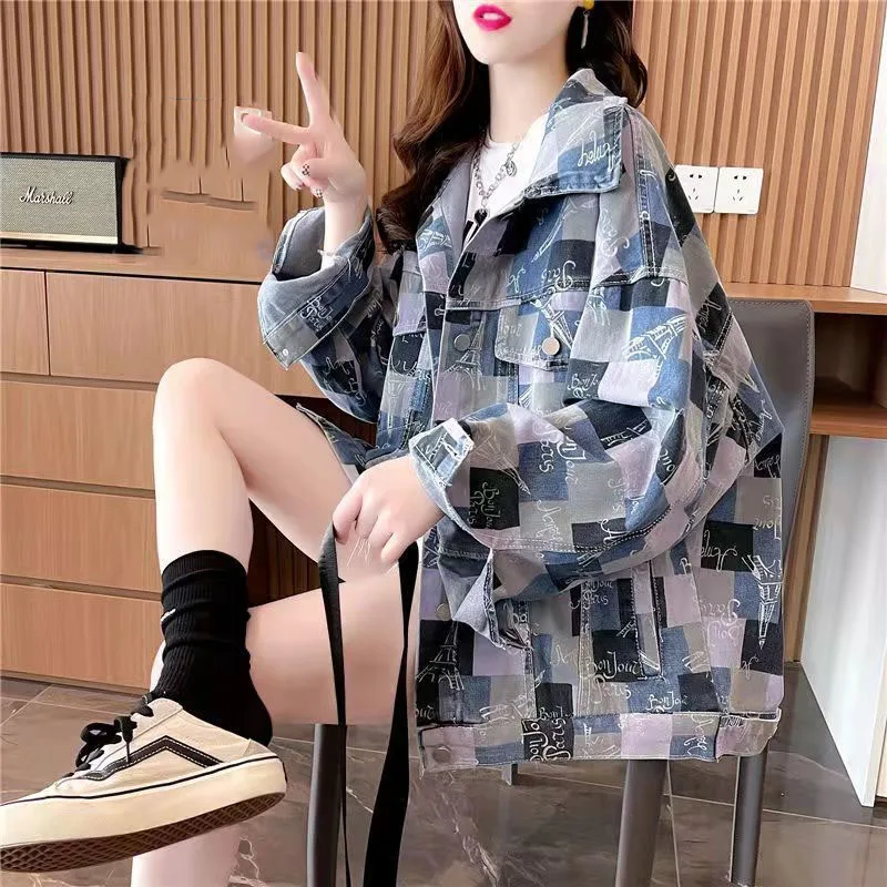 Lazy Wind Female Leisure Denim Jacket Design sense Ladies Printing Cowboy Coat Autumn Women New Long Sleeves Jeans Tops Outwear - Image 4