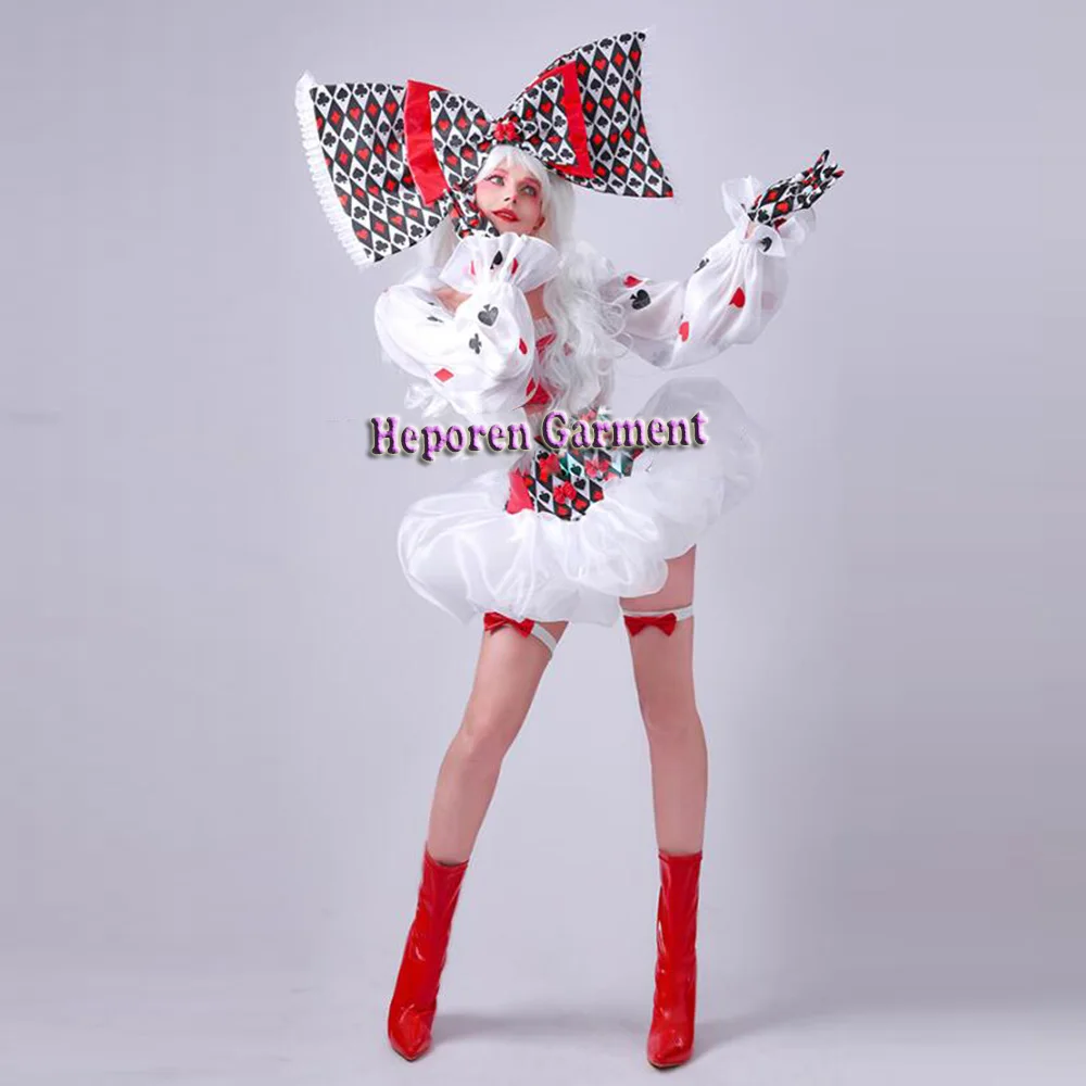 Customized Halloween Fool\'s Day Clown Performance Assembly Cute Bow Knot Poker Bar Party Tour Dancer Costumes Without Shoes