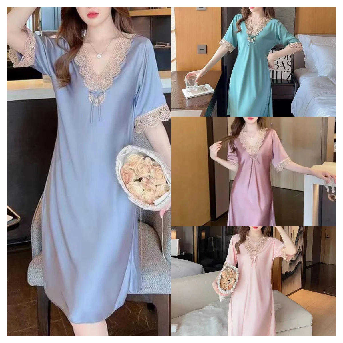 Women\'s Clothing New Silk Pajamas Spring And Summer Thin Section Sexy Sweet Lace Embroidery Short-Sleeved Dress Nightgown