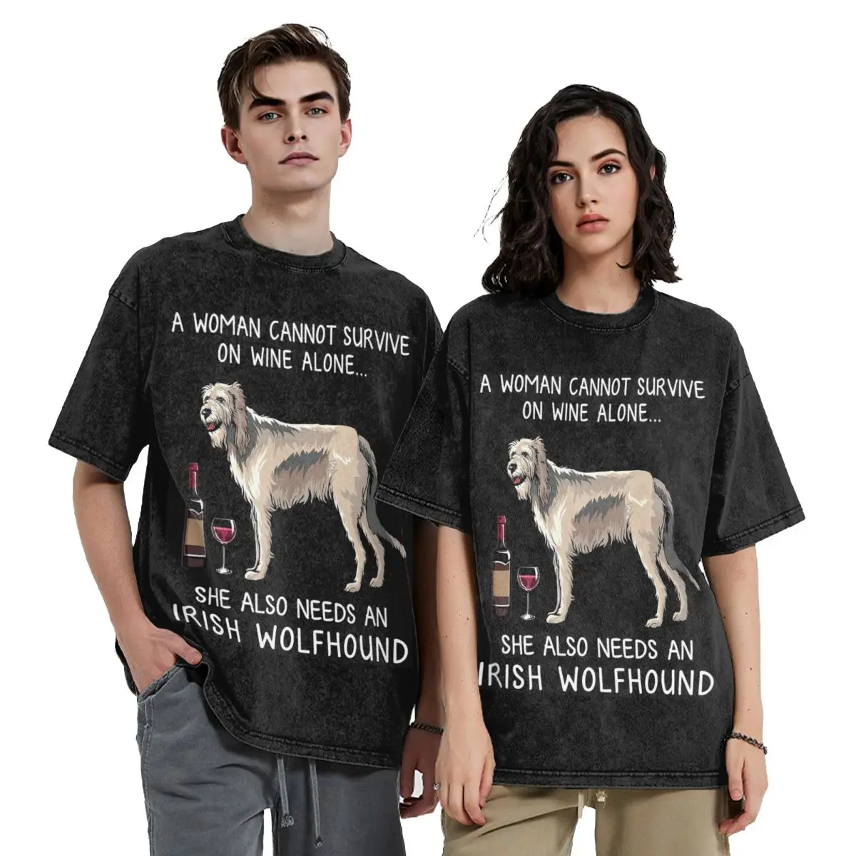 Irish Wolfhound And Wine Funny Dog Hip Hop Short Sleeve T-Shirts Washed Tops Tees Streetwear T Shirt Casual for Men Women