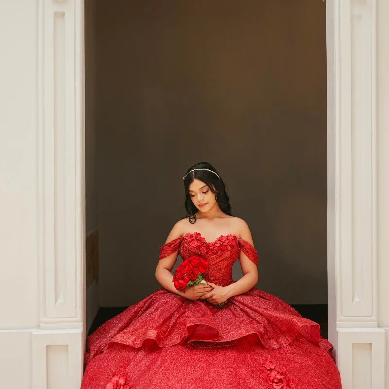 

Shiny Red Quinceanera Dress off-shoulder Glitter 3D Flower Decal Layering Long tail vestidos de 15 Quinceanera ﻿Customize