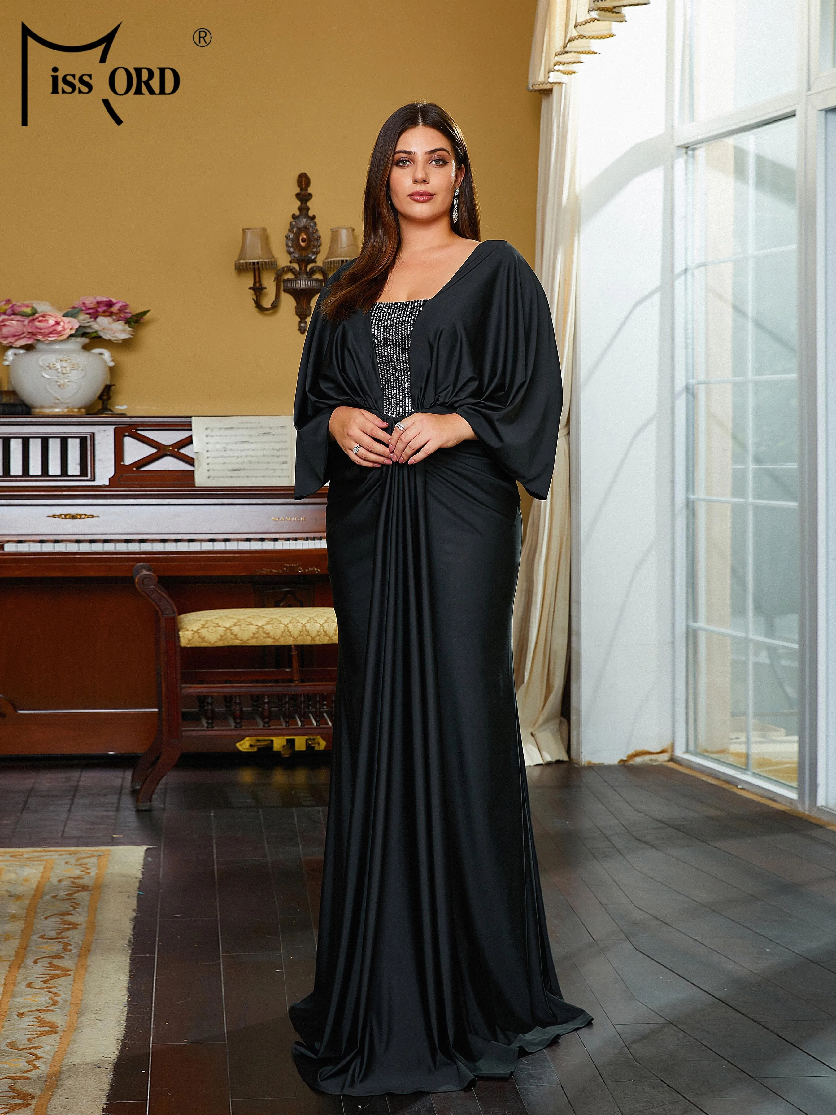 Missord New Plus Size Chic Elegant Ruched Black Floor Length Prom Formal Occasion Dresses