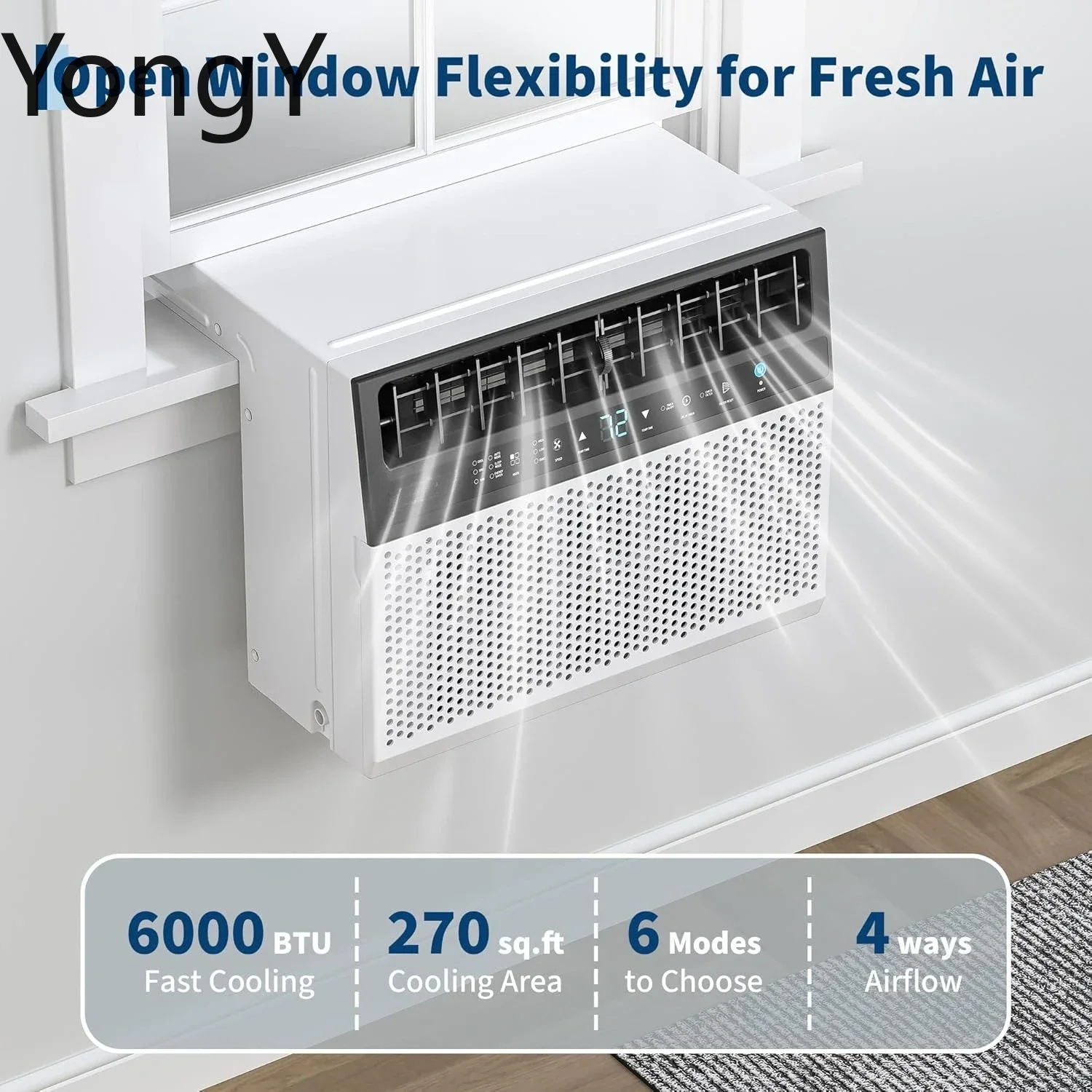 U Shaped Window Air Conditioner 6000 BTU Ultra Quiet Cools 269 Sq Ft Energy Efficient with Remote Control White