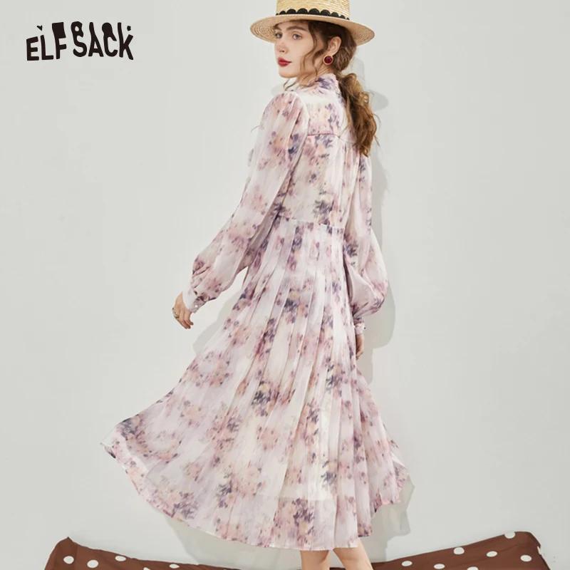 ELFSACK Bow Chiffon Floral Dresses Women 2023 Spring Waist Long Sleeve Daily Dress