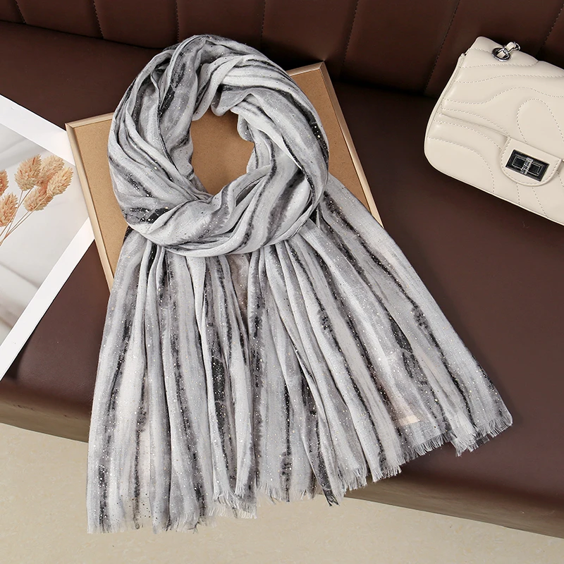 New Design Muslim Women Shawl Fashion Gradient Striped Gold Sprinkling Long Scarf Temperament Beach Sun Protection NeckerChief