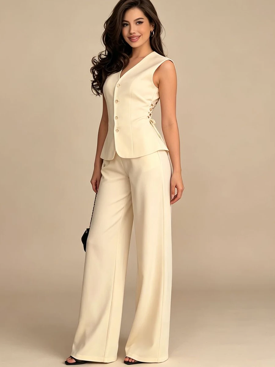 

LIMO Women's 2-piece suit sleeveless V-neck vest sweatshirt & wide-leg pants suit office business casual clothing