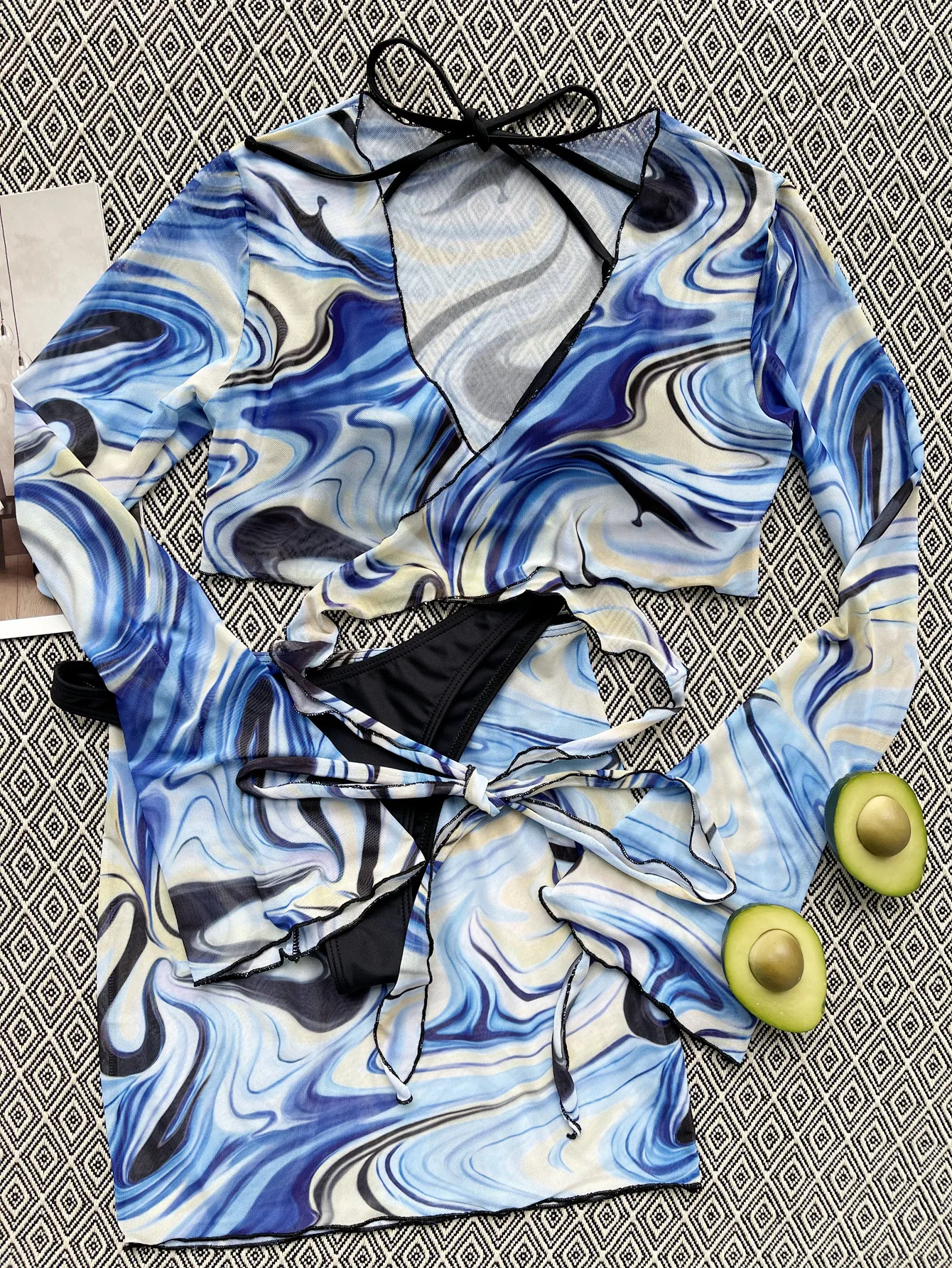 2025年 レディース水着 4点セット フレア袖 メッシュブラウス ビキニセット セクシー ストライプ柄 ビーチウェア 女性用水着