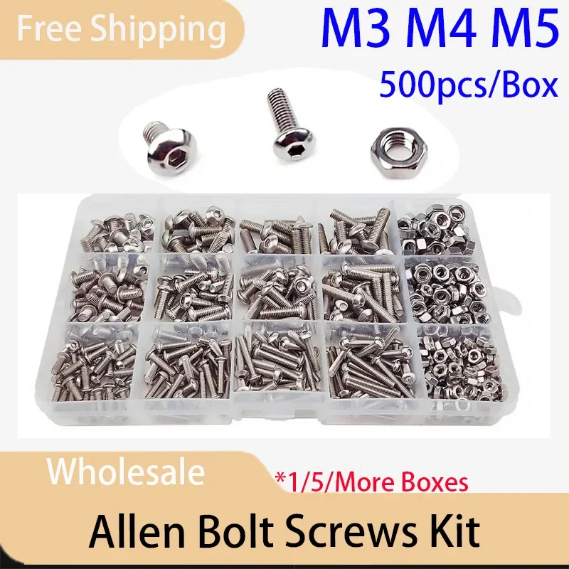 500pcs/Box Allen Bolt Screw Hexagon Hex Socket Button Head Round 304 Stainless Steel M3 M4 M5