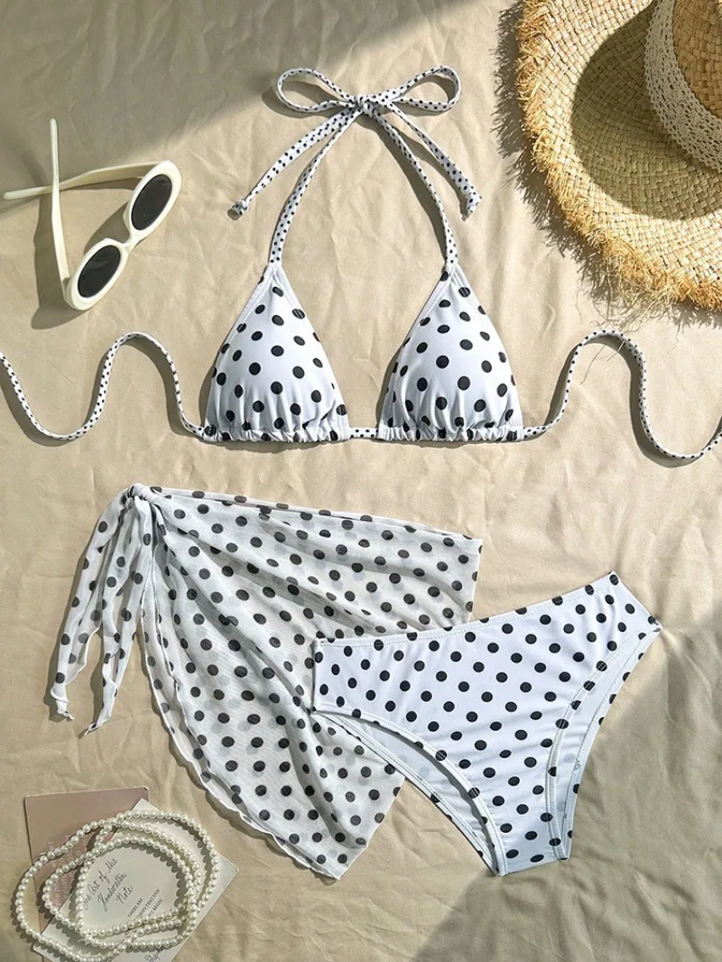 

Сексуальные комплекты бикини с принтом в горошек, 3 шт., с сетчатым чехлом, юбка с завязками на шее, купальный костюм, пляжная одежда, купальники, бикини