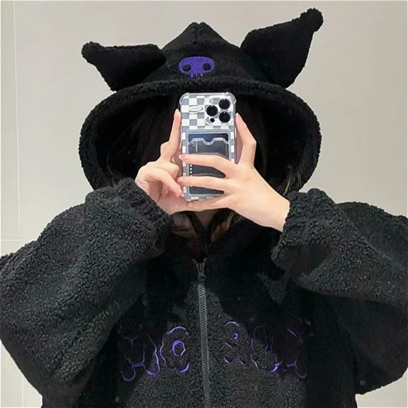 Sanrio Kuromi Hoodie Cartoon Anime Black Embroidery Thin Jacket Y2k Tops Autumn Women Fashion Loose Sweatshirt Kawaii Clothes