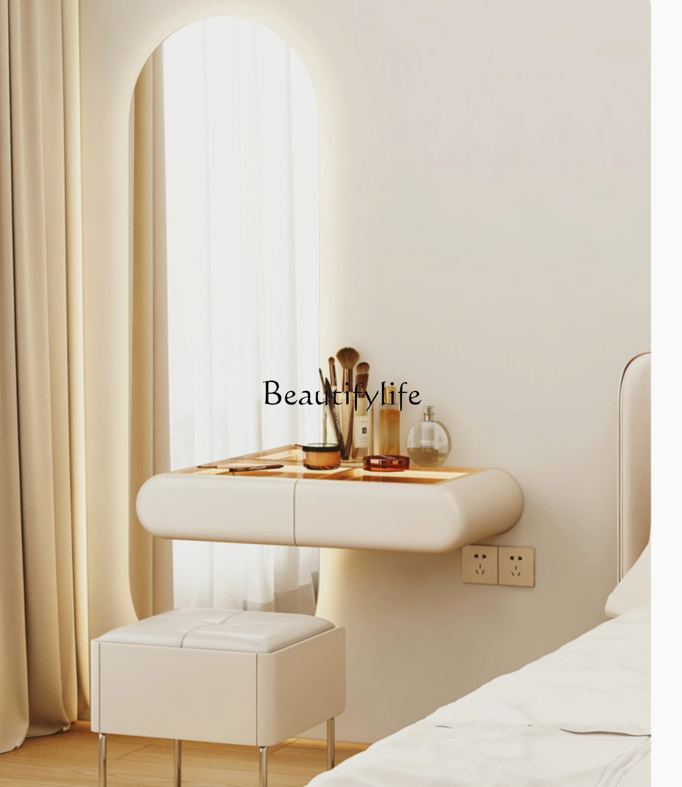 Dresser Suspension Makeup Table Full-Length Mirror Integrated Wall Hanging with Light Cream Style High Sense