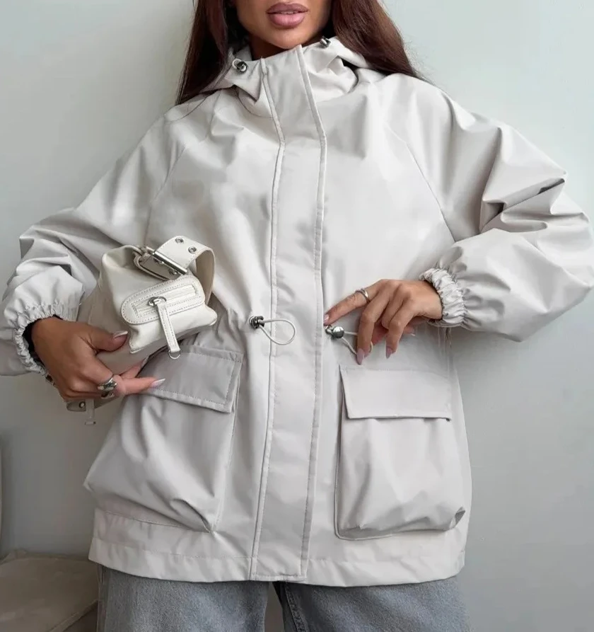 

Women Hardshell Jacket Casual Hooded Short Coats Solid Drawstring Long Sleeves Pockets Zippper Loose Fit