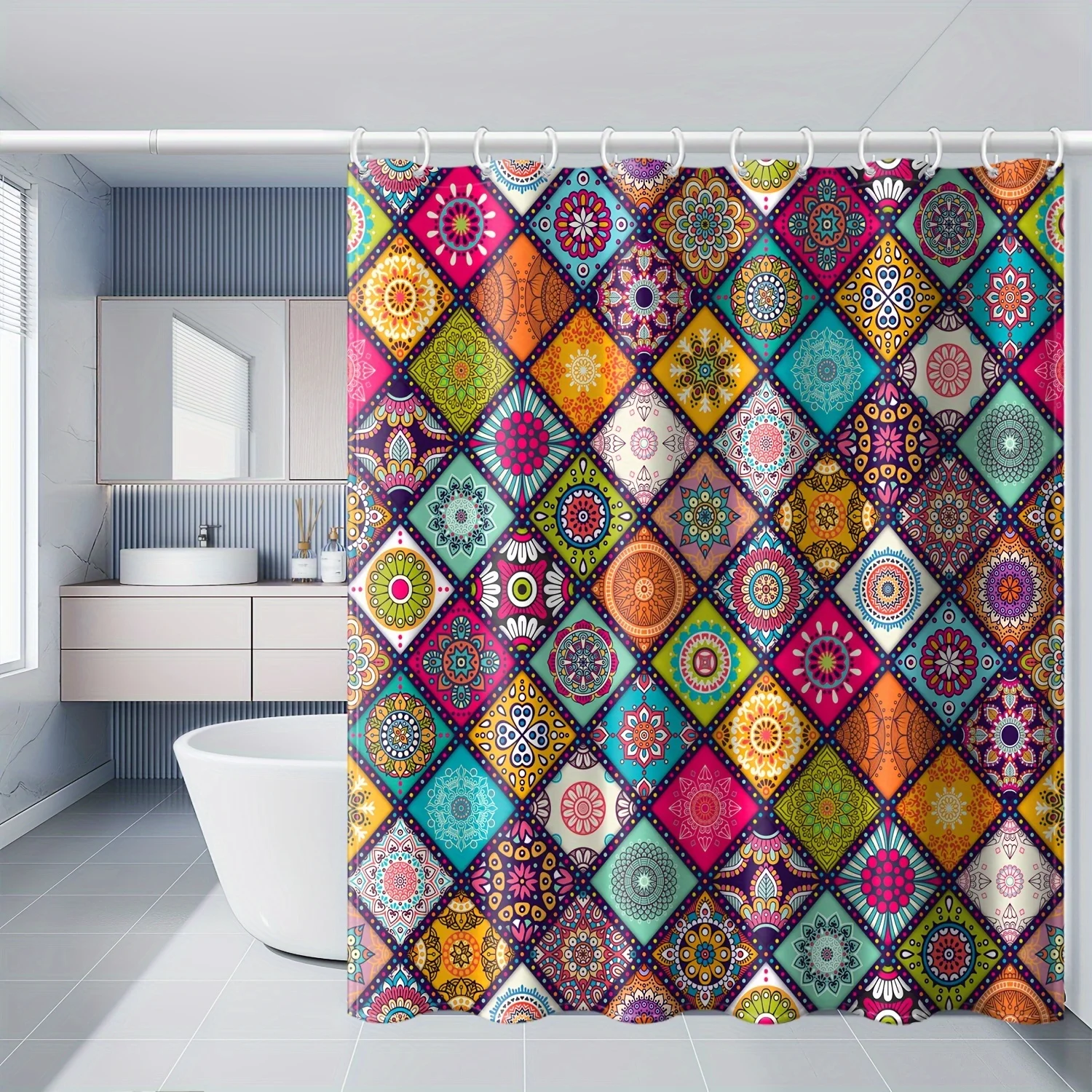 

"Bohemian Style Waterproof Shower Curtain, Colorful Geometric Pattern for Unique Bathroom Decor"