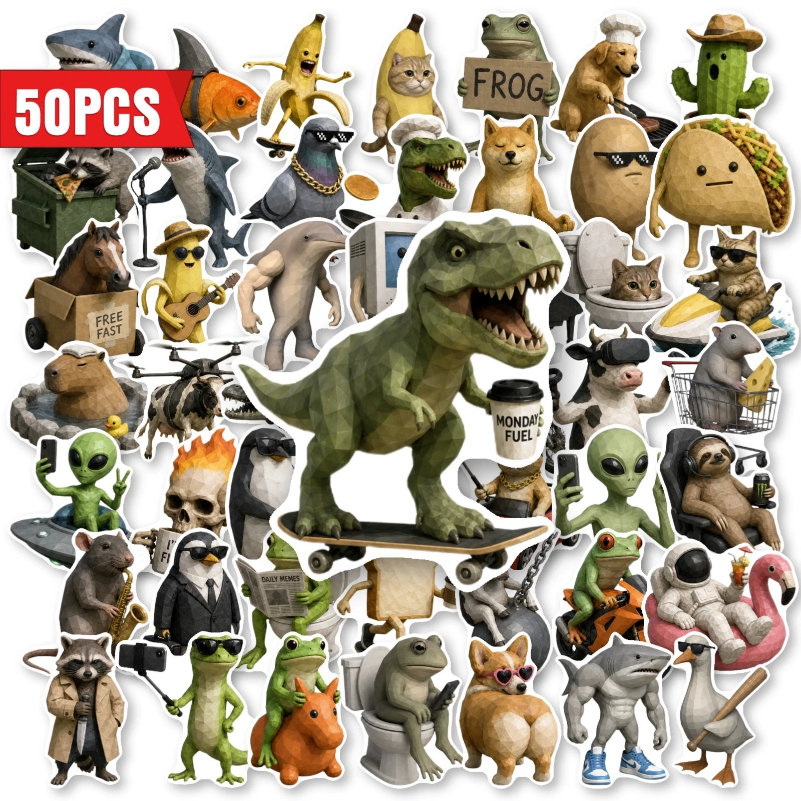 50pcs Funny Cartoon Anthropomorphic Animal Stickers 3D Abstract Waterproof for Laptop Phone Scrapbook Notebook Water Bottles