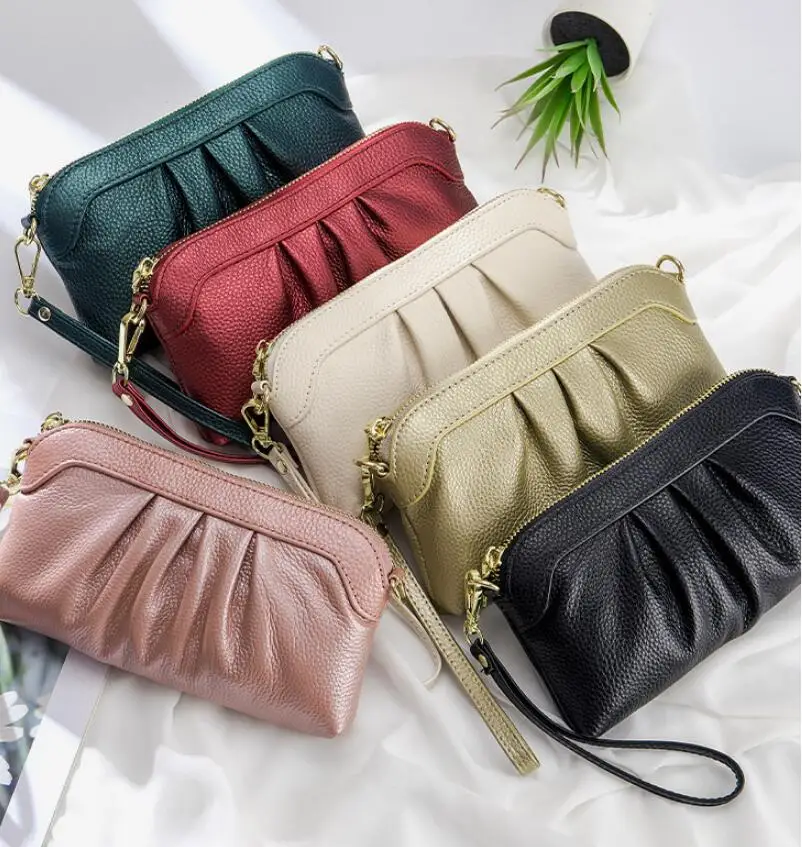 Women's Bag Temperament Soft Leather Shoulder Bag Messenger Bag Versatile Solid Color Pleated Handbag Wallet