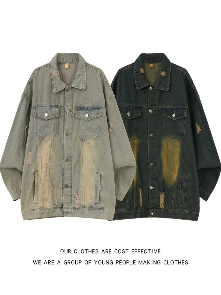 

Ретро джинсовая куртка свободного кроя с воротником, весенне-осенняя, в стиле High Street, рабочая одежда, американский повседневный стиль, с длинными рукавами