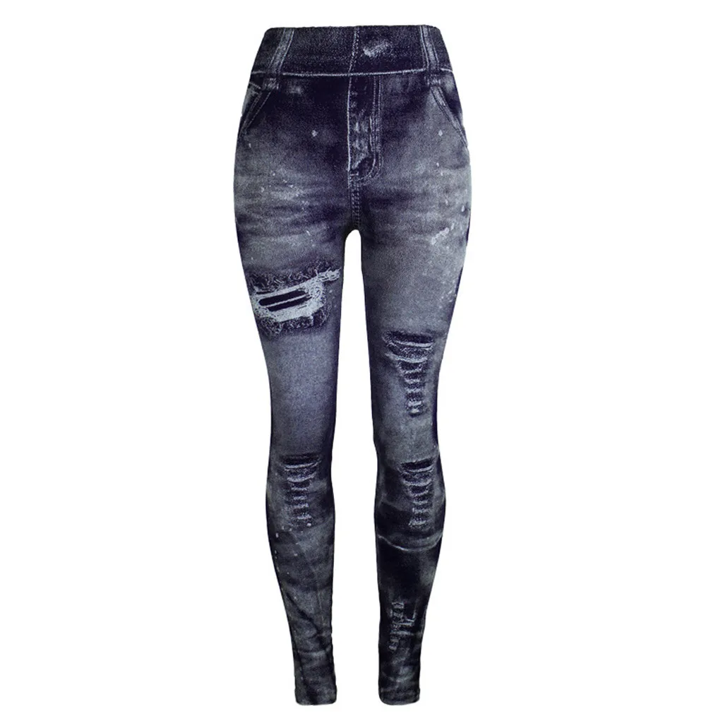 New Women Imitation Distressed Denim Jeans Leggings Casual High Waist Slim Elastic Pencil Pants Sport Leggins Femal Push Up