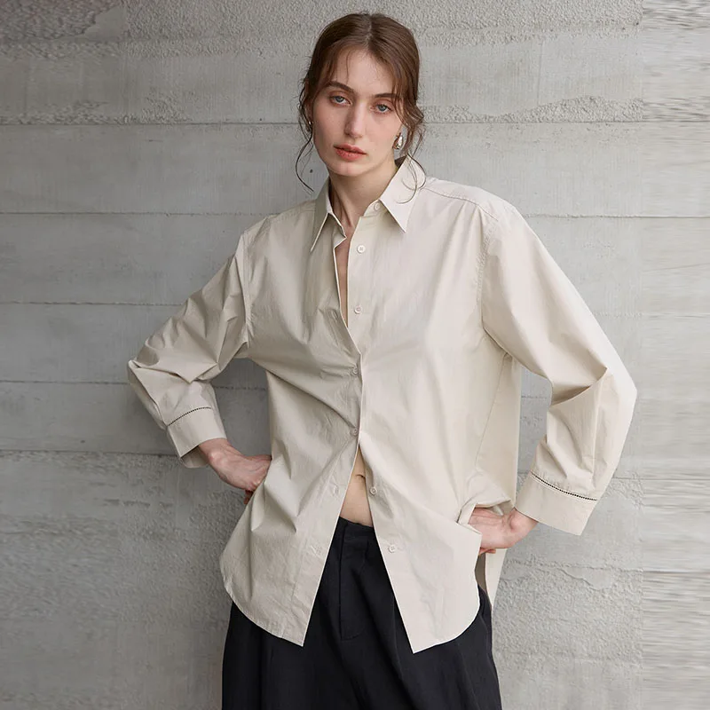 

All Season Commuting Women's Cotton Shirt with Hollow-out Design and Comfortable Loose Fit for Business and Casual Use