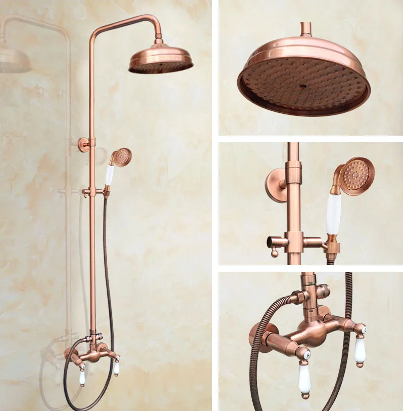 Bathroom Faucet Set Vintage Red Copper Wall Mounted Rainfall/Handheld Shower Hot And Cold Water Tap Kit 2rg584