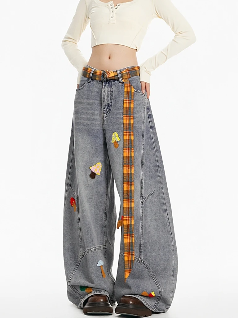 

Свободные прямые джинсы с вышивкой в американском стиле, женские прямые джинсы, осень 2024, новые винтажные широкие брюки, джинсовые брюки с высокой талией