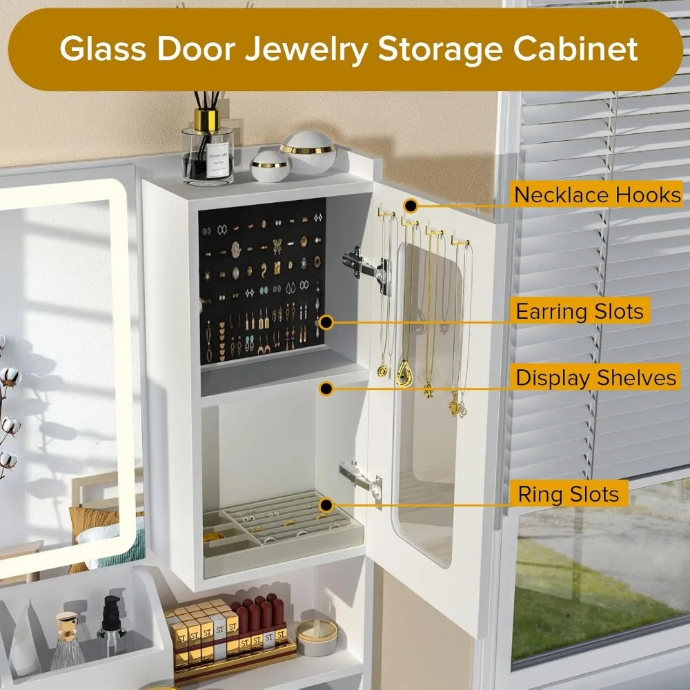 مكتب زينة مكياج بإضاءة LED مع خزانة تخزين بيضاء، 8 أدراج، مخرج طاقة، ومرآة معززة لتعزيز الجمال