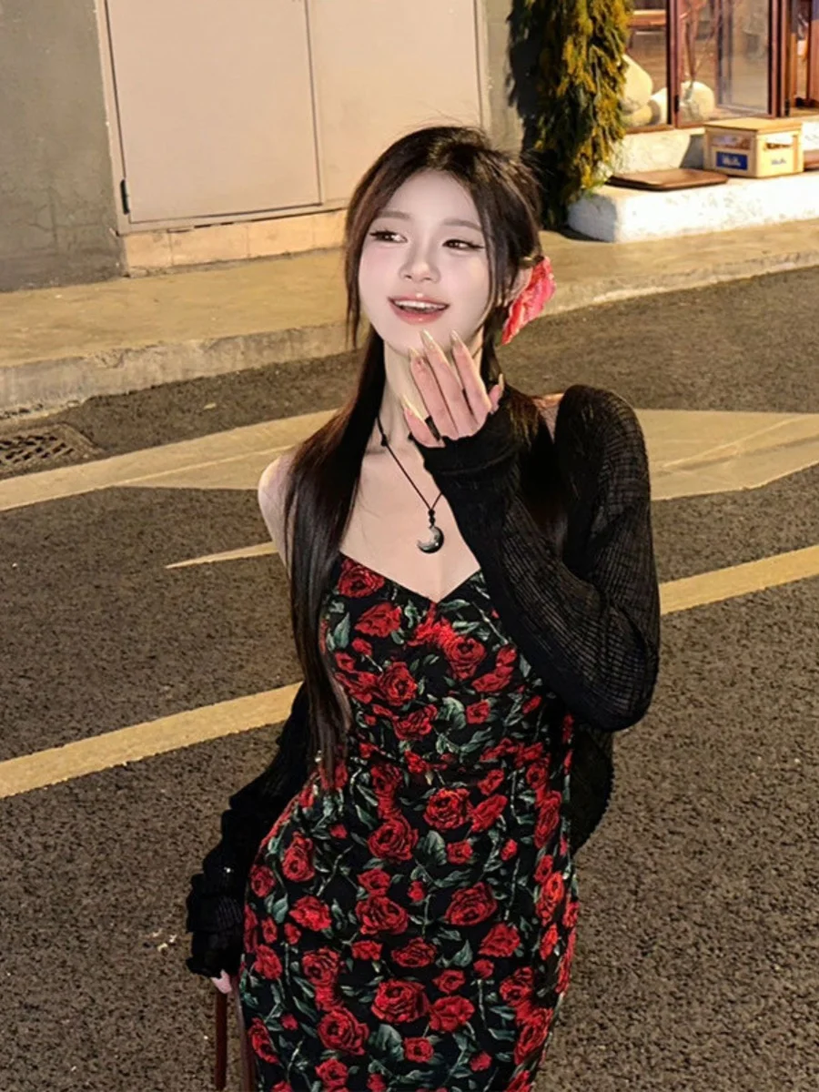 

Summer New Vintage Rose Flower Print ter Dr Women's Faion Long Wrap around Bodycon Skirt Set Trendy Two-Piece Suit