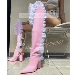 Pink Mesh Pointy Toe Feminine Boots Hot Girl Classy Party Chunky Heels Knee Length Boots Women Nightclub Trendy Sweet Sexy Shoes