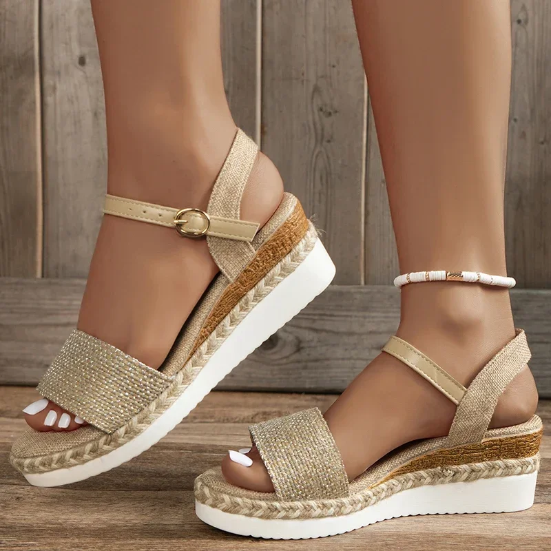 Alpargatas de lona, sandalias de cuña para mujer, sandalias informales de plataforma con correa en el tobillo para verano 2025, zapatos de playa antideslizantes de suela gruesa para mujer