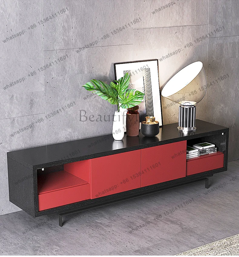 Light luxury TV paint cabinet black paint matching TV oak black living room custom cabinet