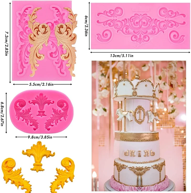 Baroque Grace Fondant Silicone Mold Embossed Flower Lace Mold 3D Carved Decorative Cupcake Decoration  Resin Molds