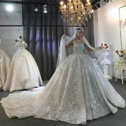 Luxurious Sparkling Sequin Wedding Dress Ball Gown Sleeveless Long Rinestone Dubai Bride Dress With Court Train Robes Mariage