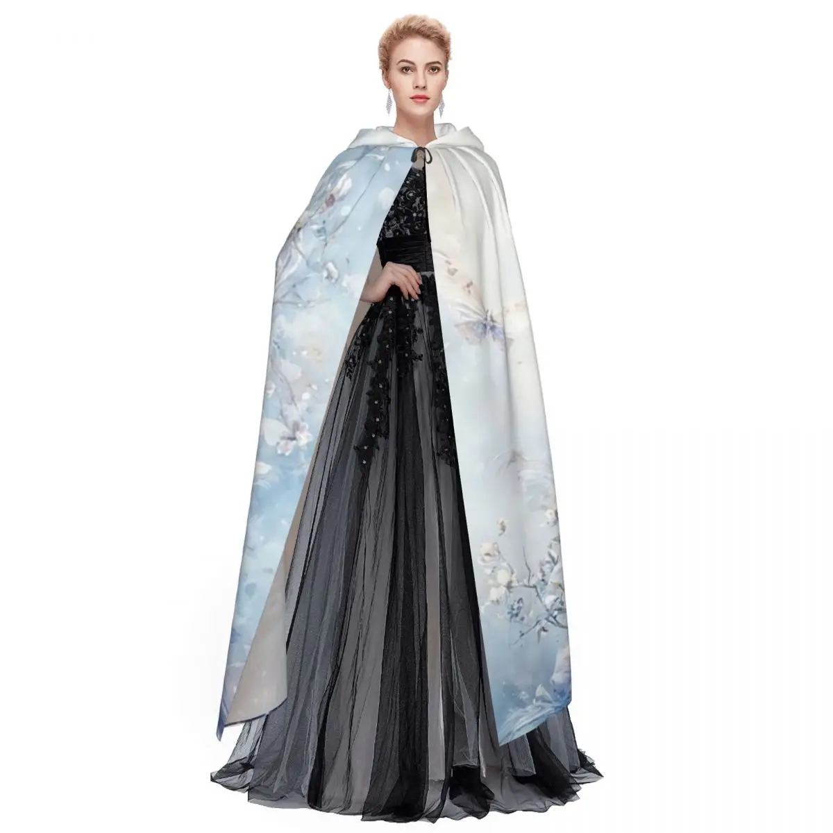 Regal Peacock Nestled Among Delicate Flowers Long Hooded Cloak Witch Medieval Costume Cosplay Cape HalloweenCoat Adult Unisex